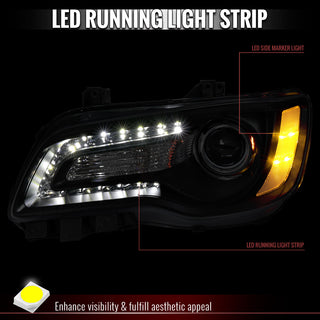 Spec D Projector Halo Headlights (Black w/ Clear Reflectors): Chrysler 300 2005 - 2010
