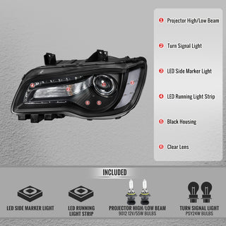 Spec D Projector Halo Headlights (Black w/ Clear Reflectors): Chrysler 300 2005 - 2010