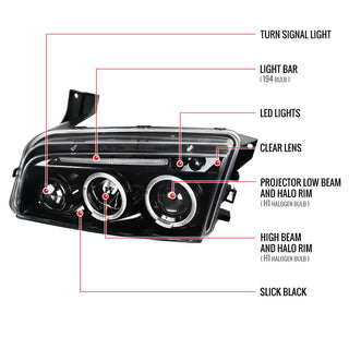 Spec D Dual Halo Projector Headlight Jet Black: Dodge Charger 2006-2010
