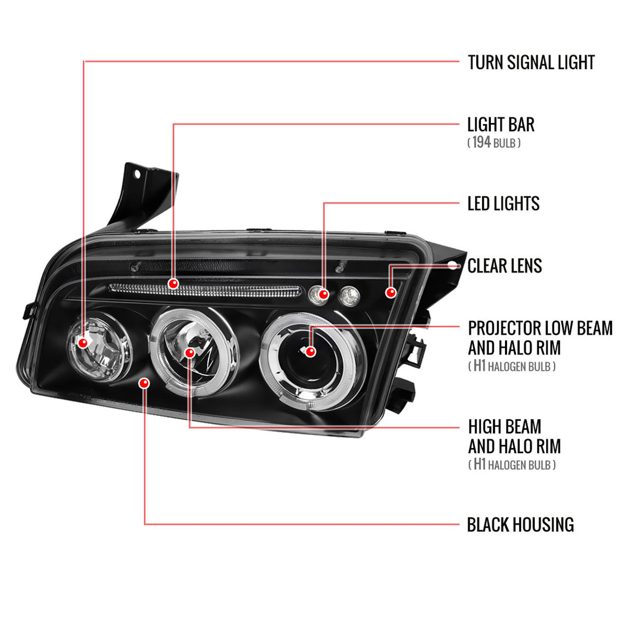 Spec D LED HeadLights (Black): Dodge Charger 2005 - 2010