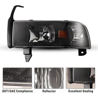 Winjet Head Light Black/Clear: Fits Dodge Ram 1500/2500/3500 1994-2002