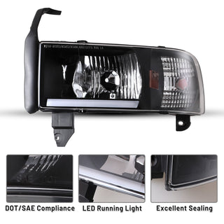 Winjet LED Head Lights Black/Clear: Dodge Ram 1994-2002 1500 2500 3500