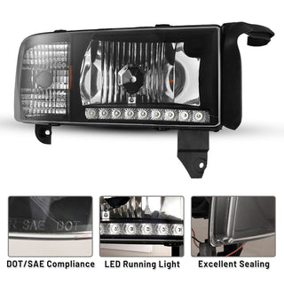 Winjet LED DRL Head Lights Black/Clear: Dodge Ram 1994-2002 1500 2500 3500