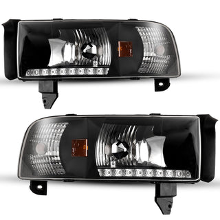 Winjet LED DRL Head Lights Black/Clear: Dodge Ram 1994-2002 1500 2500 3500