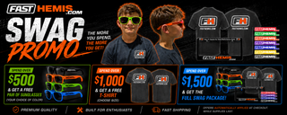 Promotional banner for FAST HEMIS swag promotion with two people wearing sunglasses and t-shirts.