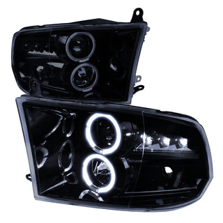 Spec D Dual Halo Projector Headlights Glossy Black Smoked Lens: Fits Ram 1500 / 2500 / 3500 2009-2024