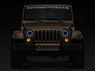 Raxiom Axial 7-Inch LED Headlights RGB Halo Black Hsng: Jeep Wrangler 1997-2018 4.0L I6 / 3.8L V6 / 3.6L V6 - Clear Lens