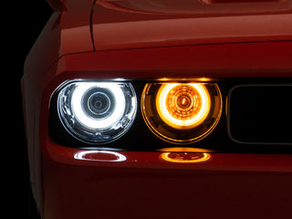 Raxiom Dual LED Halo Projector Headlights Black Housing (Clear Lens): Dodge Challenger 2008-2014