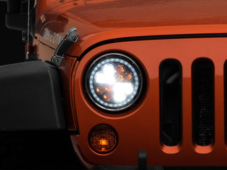Raxiom Axial Spider LED Headlight Amber DRL Chrome Hsng: Jeep Wrangler 1997-2018 4.0L I6 / 3.8L V6 / 3.6L V6 - Clear Lens