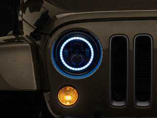 Raxiom Axial 7-Inch LED Headlights RGB Halo Black Hsng: Jeep Wrangler 1997-2018 4.0L I6 / 3.8L V6 / 3.6L V6 - Clear Lens
