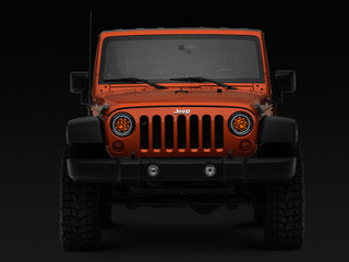 Raxiom Axial Spider LED Headlight Amber DRL Chrome Hsng: Jeep Wrangler 1997-2018 4.0L I6 / 3.8L V6 / 3.6L V6 - Clear Lens