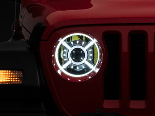 Raxiom LED Headlights DRL Halo Black Housing: Jeep Wrangler JL 2018-2025 / Gladiator 2020-2025 6.4L 392 / 3.6L V6 / 3.0L EcoDiesel / 2.0L Turbo