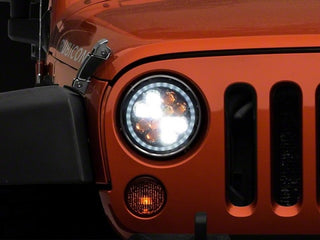 Raxiom Axial Spider LED Headlight Amber DRL Chrome Hsng: Jeep Wrangler 1997-2018 4.0L I6 / 3.8L V6 / 3.6L V6 - Clear Lens