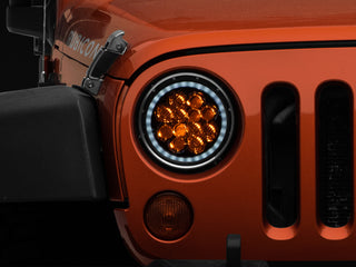 Raxiom Axial Spider LED Headlight Amber DRL Chrome Hsng: Jeep Wrangler 1997-2018 4.0L I6 / 3.8L V6 / 3.6L V6 - Clear Lens