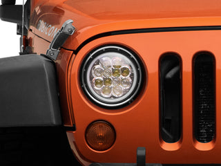 Raxiom Axial Spider LED Headlight Amber DRL Chrome Hsng: Jeep Wrangler 1997-2018 4.0L I6 / 3.8L V6 / 3.6L V6 - Clear Lens