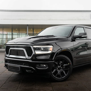 Spec D Glossy Black Mesh Grille Chrome Trim: Ram 1500 2019-2022 3.6L/5.7L