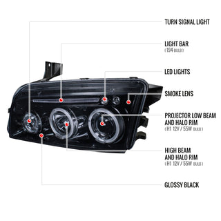 Spec D Projector Halo Headlights (Smoke): Dodge Charger 2006 - 2010