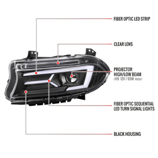 Spec D Sequential LED Projector Headlights (Matte Black): Dodge Charger 2015 - 2023