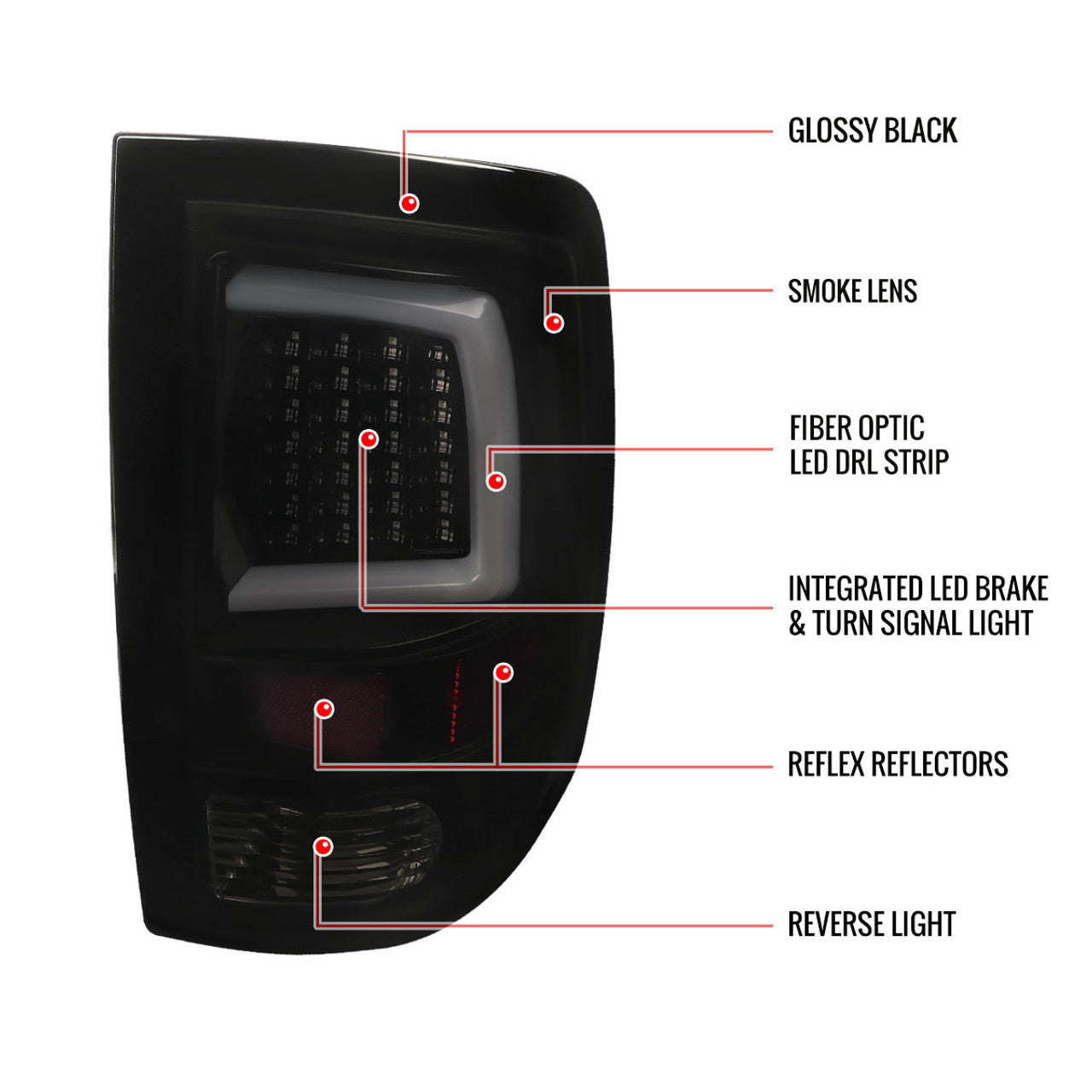 Spec D LED Tail Lights (Dark Smoke w/ White LED Bar): Dodge Ram 2009 - 2018