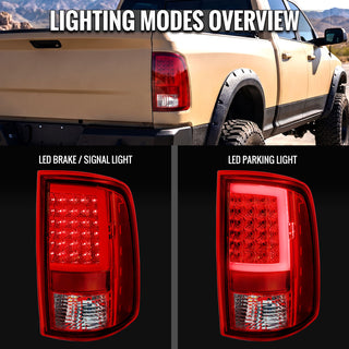 Spec D Full LED C-Bar Tail Lights Chrome: Fits Dodge RAM 1500/2500/3500 2009-2022 w/ Red Clear Lens