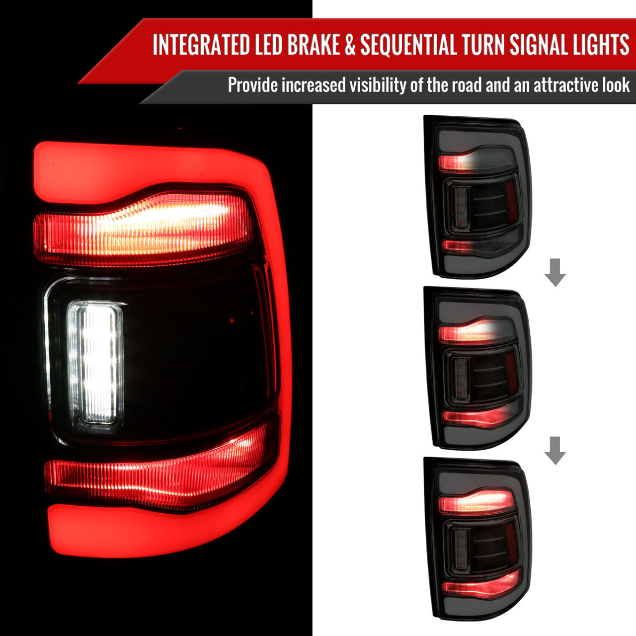 Spec D LED Tail Lights (Smoke, White LED w/ Sequential Turn Signal): Ram 2013 - 2018