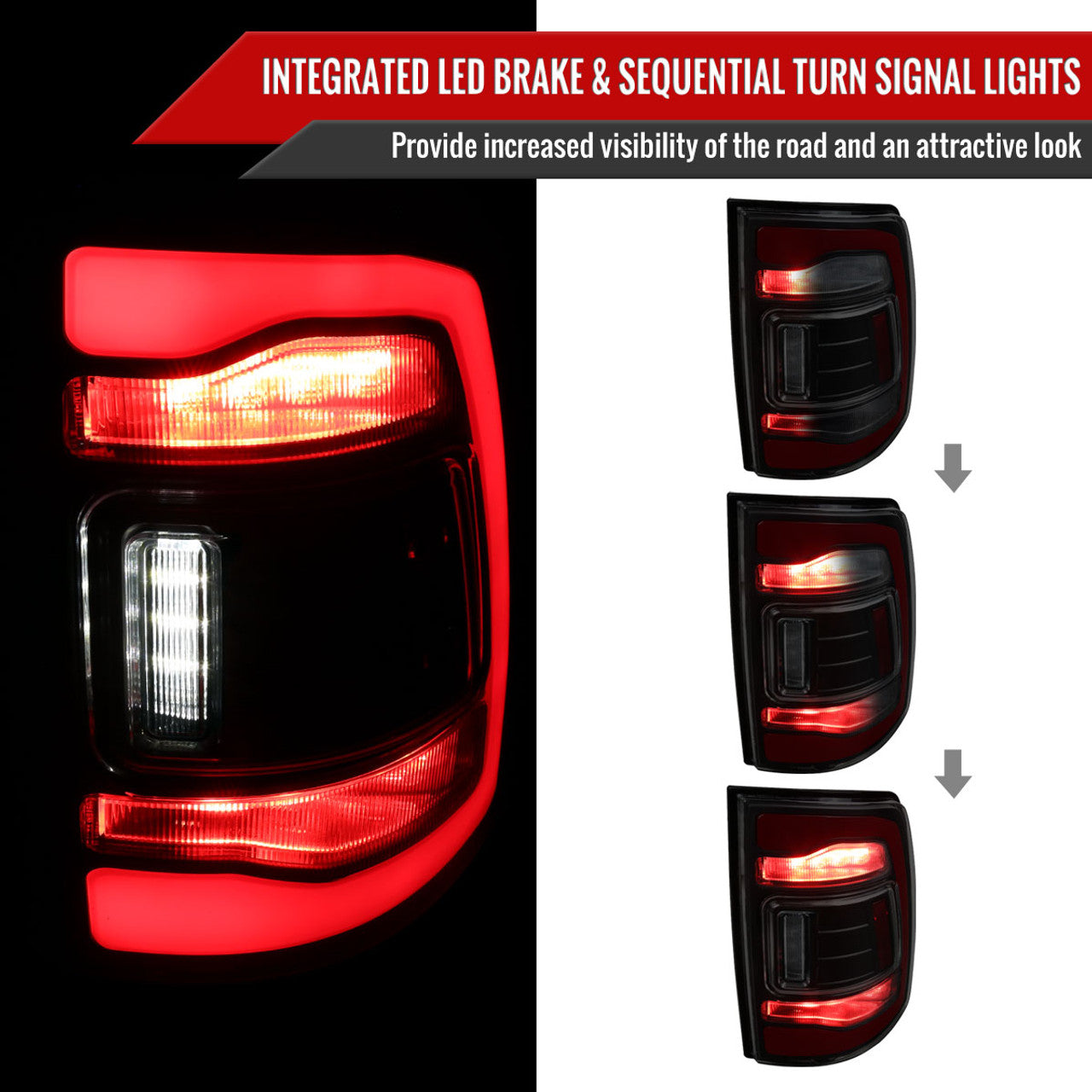 Spec D LED Tail Lights (Smoke, Red LED w/ Sequential Turn Signal): Ram 2013 - 2018