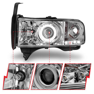 ANZO Projector Headlights w/ Halo (Chrome): Dodge Ram 1994 - 2002 (1500, 2500, 3500)