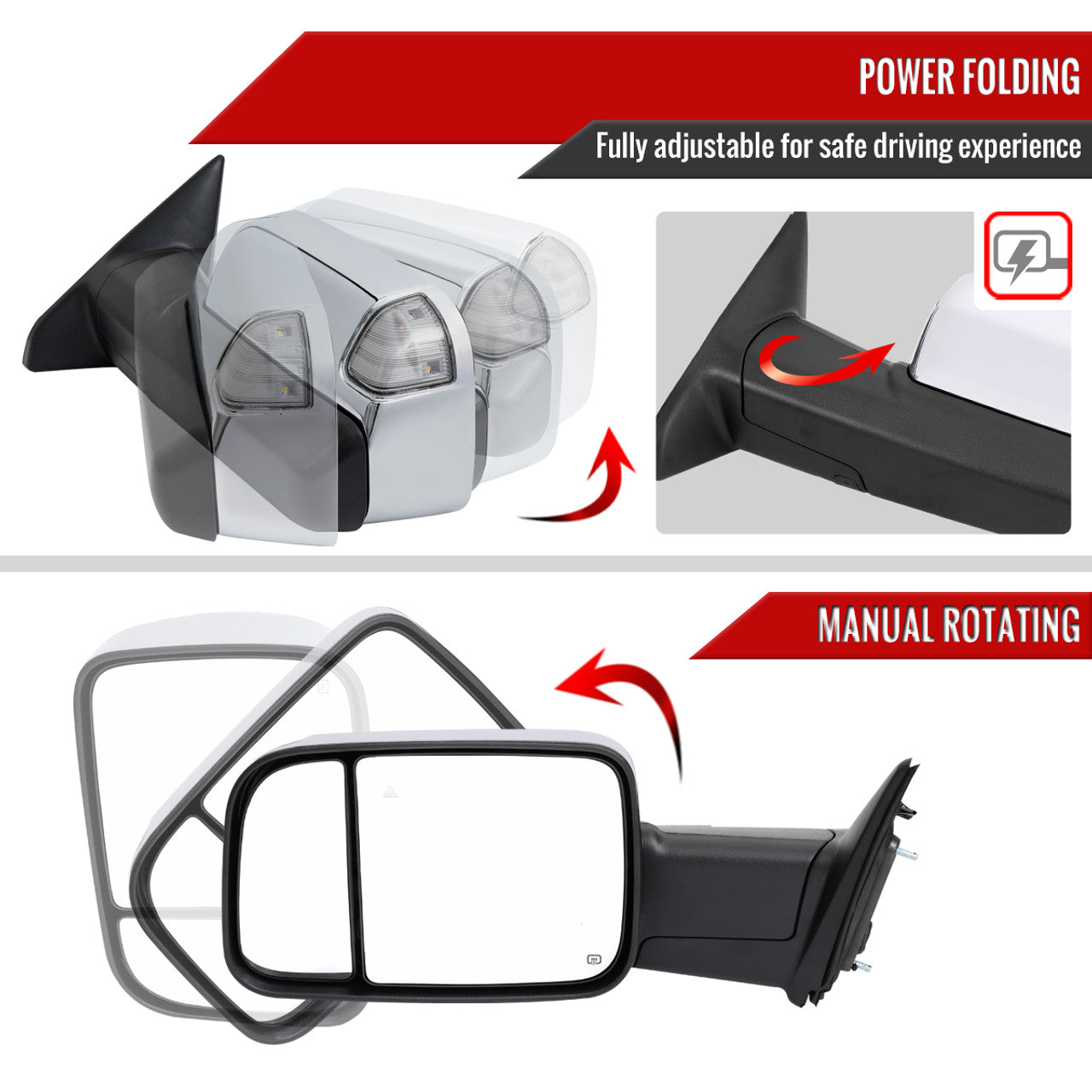 Spec D Driver Mirror w/ Turn Signal Light & Puddle Light (Auto-Fold, Chrome): Ram 2500 & 3500 2019 - 2024