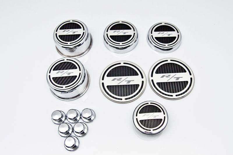 American Car Craft "R/T" Deluxe Fluid & Shock Tower Cap Covers (13PC): Dodge Challenger 5.7L Hemi 2009 - 2023
